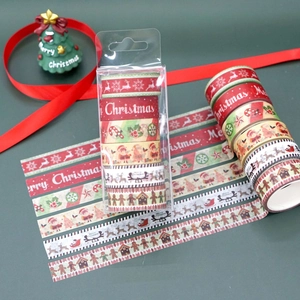 Detailed set of 6 Christmas themed washi tapes with festive patterns and box packaging