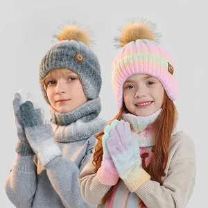 Kinder Winter Strickmütze Halswärmer Und Handschuhe Farbverlauf Fleecegefüttert Warm Ohrenschutz Für Jungen Mädchen