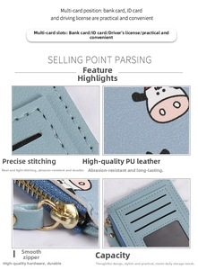Detail view of light blue cow print wallet showing card slots and smooth metal zipper