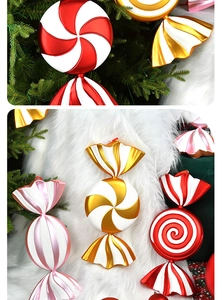 Close-up of 55cm red, gold, and pink candy-shaped Christmas tree hanging decorations