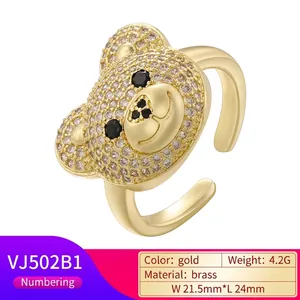 Sweet 18K gold plated teddy bear open ring with sparkling white crystal micro-pave