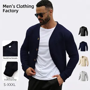 Men Cardigan Sweater Knit Polyester Jacquard V Neck Button Down Long Sleeve Cable Knit Ribbed Cuff Slim Fit Casual