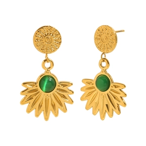 French vintage 18K gold plated stainless steel drop earrings with green agate stone