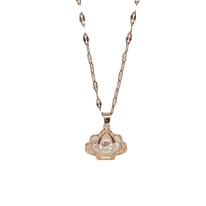 Elegant rose gold crown necklace with central round crystal and pavé accents on white background