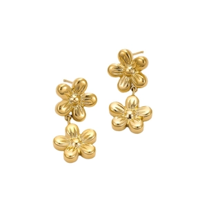 Elegant gold stainless steel double daisy flower tassel earrings for women stylish jewelry