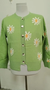 Detail of daisy embroidery and amber-patterned buttons on green knitted cardigan