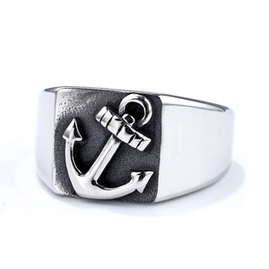 Vintage stainless steel anchor ring for men with rectangular face in polished silver finish