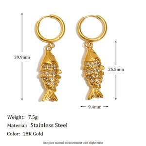 Detailed dimensions of 18K gold-plated koi fish earrings with white zircon accents