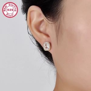 Elegant 925 sterling silver square zircon stud earrings with gold plating for women