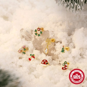 S925 sterling silver Christmas stud earrings set featuring festive enamel holiday designs