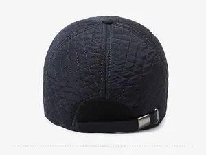 Rear view of winter baseball cap showing quilted texture and adjustable metal buckle strap