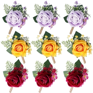 Lot de 9 boutonnières de roses artificielles faites main en violet, jaune et rouge foncé