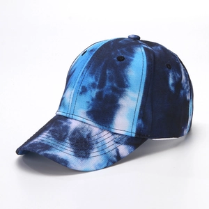 Detailed view of six-panel tie-dye baseball cap with blue and white gradient pattern
