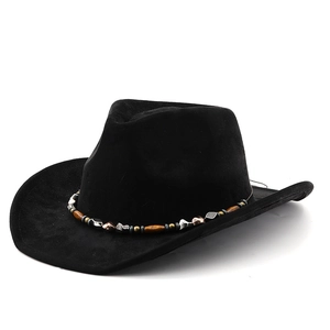 Chapeau de cowboy noir en suédine avec bande décorative de perles style ethnique