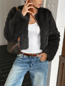 Women's casual black faux fur jacket coat for autumn and winter stylish outdoor wear