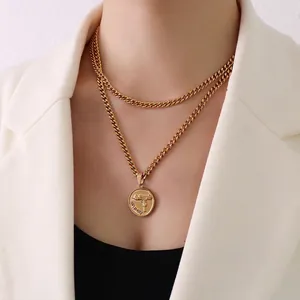 Double-layered 18k gold plated chunky chain necklace with a round gun pendant charm