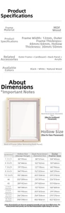 Detailed size guide for 3D hollow wooden shadow box frame with various dimensions