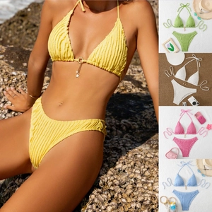 Women Bikini Swimsuit Halter Triangle Top And Bottom Ribbed Textured Fabric With Star Artificial Pearl Pendant Sexy Beachwear