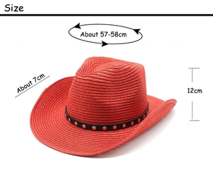Detailed size specifications for the red woven cowboy hat with silver metal studs