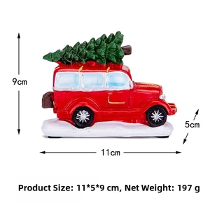 Detailed view of a red vintage Christmas truck ornament with resin tree and size markings