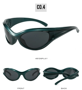 Macro view of Y2K dark green sporty sunglasses with wrap-around frame from multiple angles