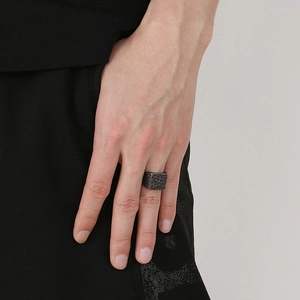 Mens square vintage stainless steel ring with hammered texture in retro black finish