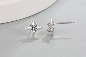 Dettaglio degli orecchini a stella in argento con zirconi brillanti incastonati a griffe