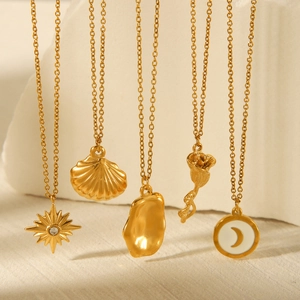 Stainless Steel Pendant Necklace Gold Plated Rose Flower Star Moon Shell Irregular Texture Daily Fashion For Women