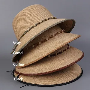 Schicke Raffia Sonnenhüte in Grau, Camel, Kaffee und Schwarz mit Holzperlen-Deko