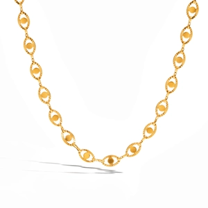 Dettaglio catena in acciaio inossidabile 18K con maglie ovali e trama a girasole