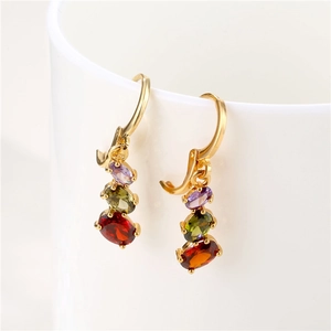 Colorful drop earrings with purple green and red zircon crystals on gold hooks