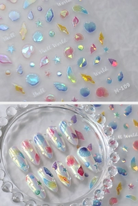 Detail of M-109 ocean theme nail stickers with rainbow laser shell and starfish patterns