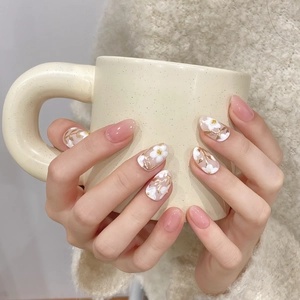 Faux Ongles à Presser Faits à la Main Ovale Court Design Floral Peint à la Main Rose Lotus et Blanc pour Femme