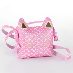 Detail of pink cat crossbody bag with fish scale pattern and golden embroidery