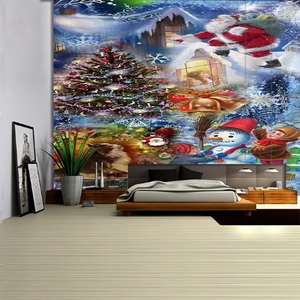 Macro detail of Christmas wall tapestry featuring Santa and snow scene in a cozy bedroom