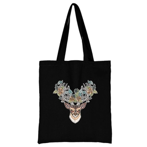 Schwarze Canvas-Tragetasche mit buntem Blumen-Hirschkopf-Druck und stabilen Griffen
