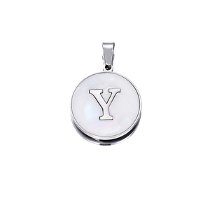 Detail of round letter Y pendant with white mother of pearl inlay and silver bezel