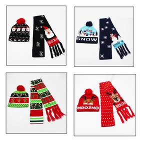 Detail of Christmas knitted hat and scarf sets featuring Santa, Snowman and Reindeer patterns