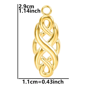 Detail showing 18k gold plated witch knot pendant measurements of 2.9cm by 1.1cm