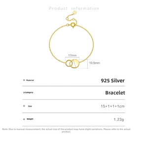 Detail view of interlocking S925 silver gold bracelet with 17mm rings and 15+3cm chain
