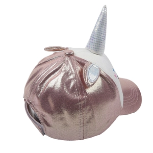 Rose gold unicorn kids baseball cap with silver 3D horn and embroidered star