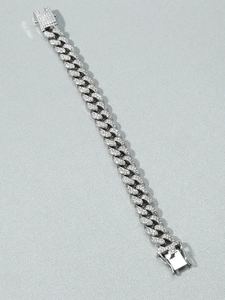 Men's silver Cuban link bracelet with sparkling rhinestones in a diagonal layout