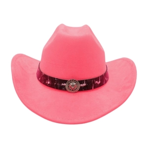 Detailed view of pink western cowboy hat with lion head emblem and greek key pattern