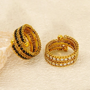 Modern 18K gold-plated multilayer open rings with chain texture and sparkling crystals