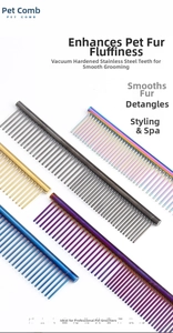 Macro detail of multi-color stainless steel pet grooming combs in rainbow and metallic hues