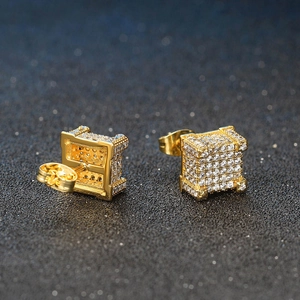 Macro shot of gold square hip hop stud earrings with micro-pave cubic zirconia crystals