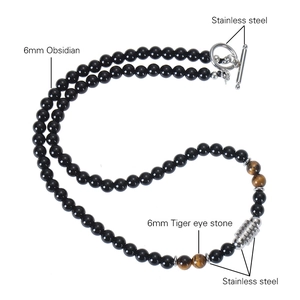 6mm tiger eye and obsidian beaded necklace with stainless steel toggle clasp for men