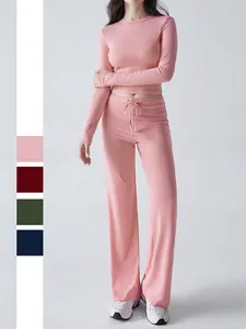 Women Lounge Top And Pants Viscose Elastane Ribbed Long Sleeve Slim Fit And High Waist Drawstring Wide Leg Trousers