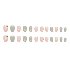 Short oval press-on nails in pale pink and grey with cute white daisy floral patterns