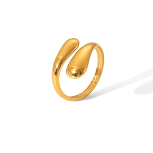Detailed view of polished 18K gold stainless steel open ring with water drop design